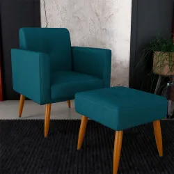 POLTRONA + PUFF PATAS DE MADERA TAPIZADO TELA PETROLEO
